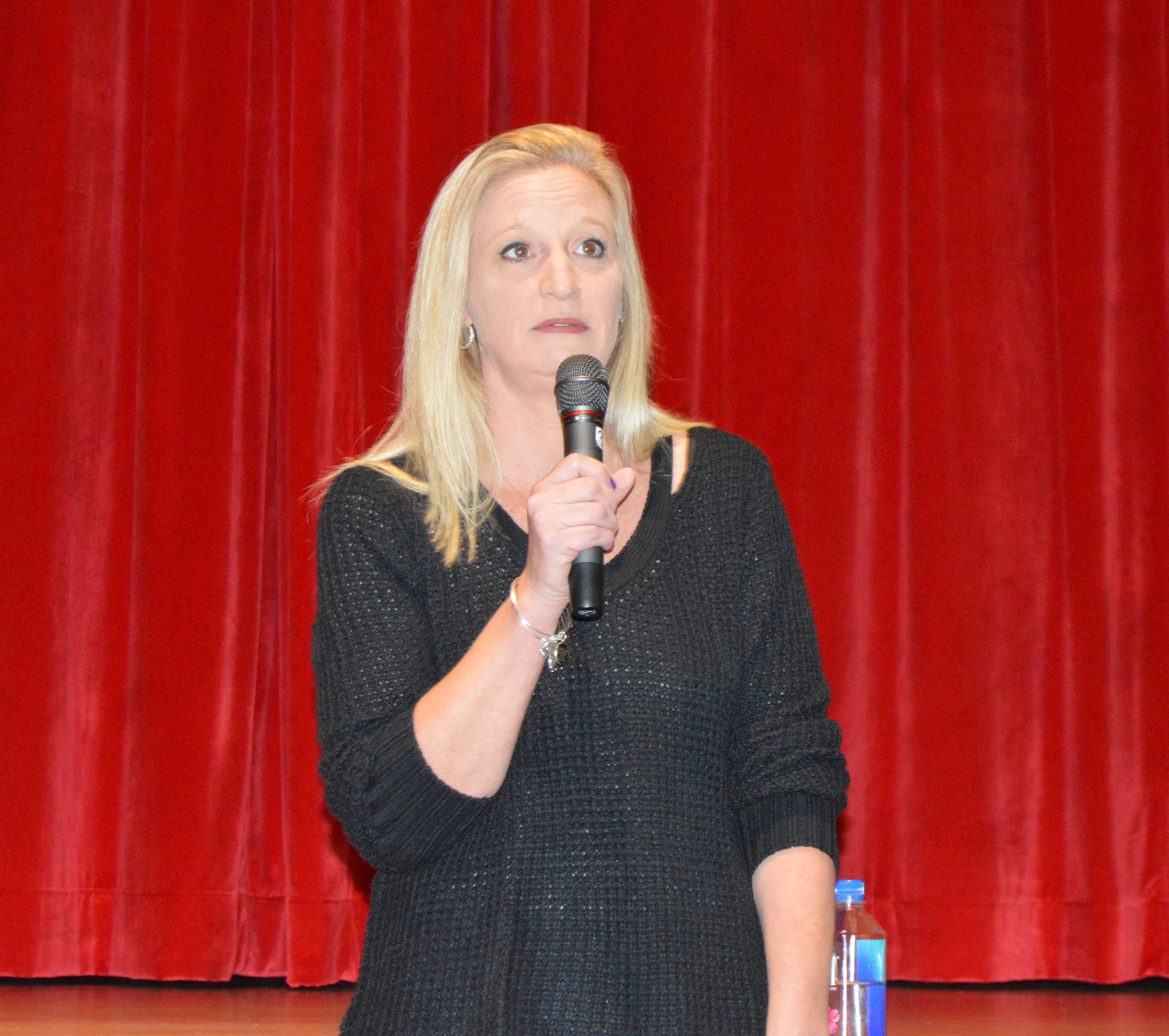 Michelle Schwartzmeir speaks to a crowd of about 40 people at the Clearfield Area Jr./Sr. High School Thursday. When her daughter Casey died from a drug overdose, Schwartzmier honored her daughter's wishes to write an obituary speaking plainly and honestly about Casey's struggle with drugs. The obituary went viral and Schwartzmeir has spoken to countless addicts from around the world about getting help and continuing to fight to stay sober. Schwartzmeir was asked to share her story as part of the school district's continuing program to raise awareness about drug addiction in the Clearfield Area. (Photo by Kimberly Finnigan)