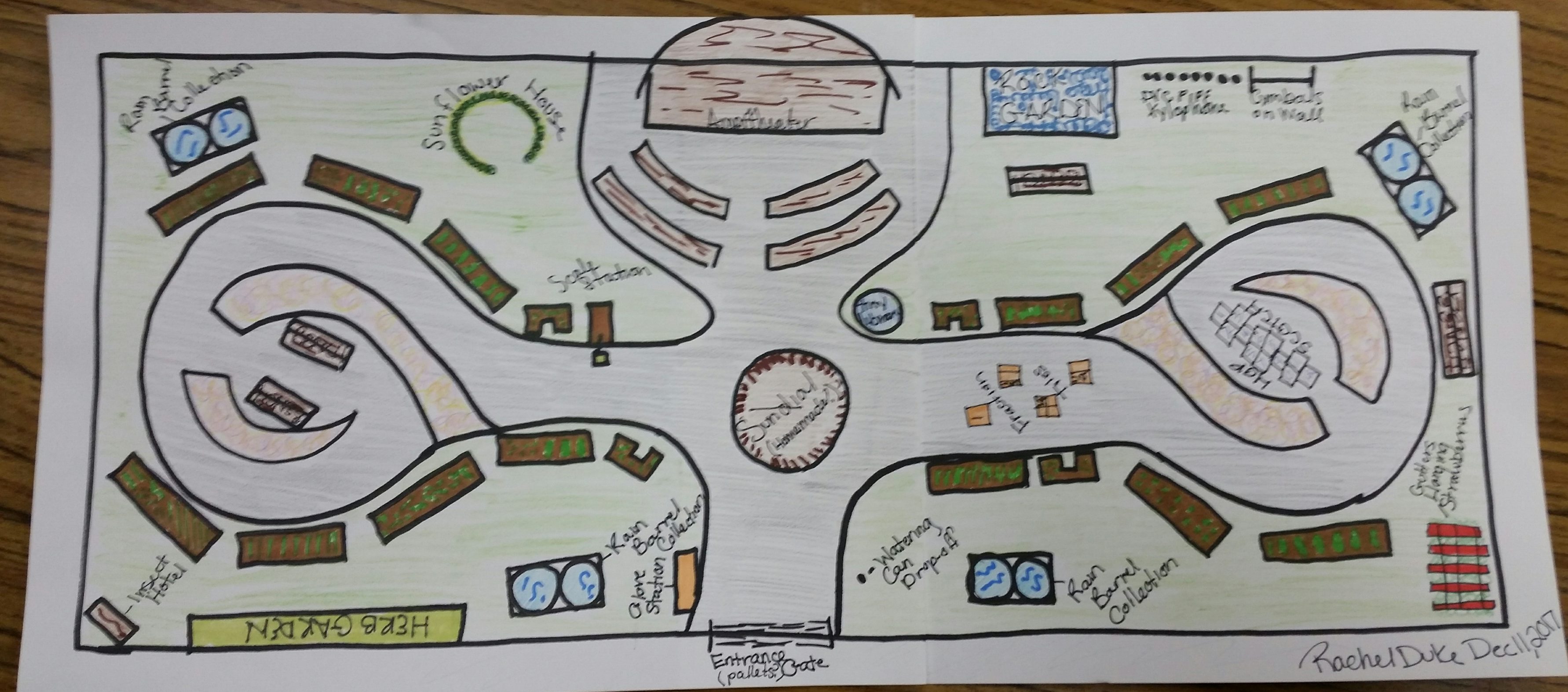 A hand-drawn map shows a proposed design for a community garden in Rebecca Park in Clearfield Borough. The project is being proposed by Penn State student Rachel Duke as part of her capstone requirement. Duke is hoping to work with local businesses and the Clearfield Borough Council to make the project a reality. (Photo by Kimberly Finnigan)