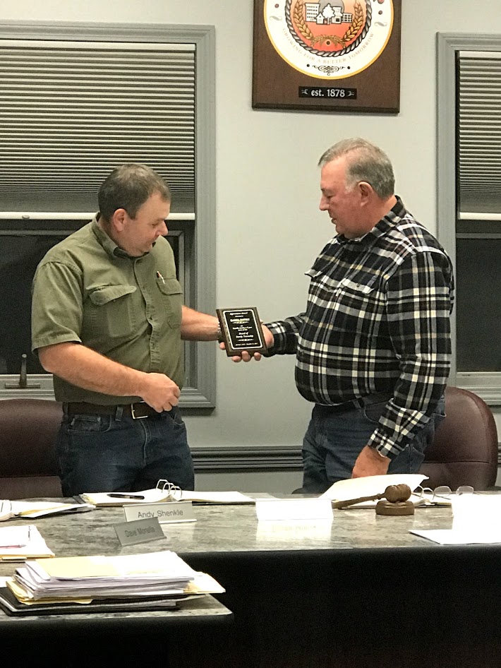 The board of supervisors thanked Supervisor Darell Duttry for his six years of service.  He was presented with a plaque at the end of the meeting. (Photo by Steven McDole)