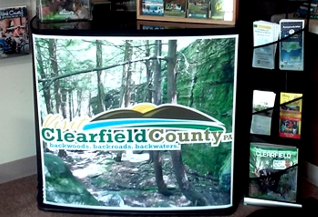 Shown is a display that will be used by Visit Clearfield County staff at upcoming shows and events. It’s currently on display at the VCC office. (Photo by Wendy Brion)