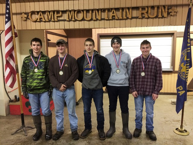First place was the Owl Patrol of Troop 83 from Johnsonburg. Pictured, from left, are: Mason Milliard, Matt Berger (patrol leader), Christian Krug, Kolton Mehalko and Scott Lewis. (Provided photo)