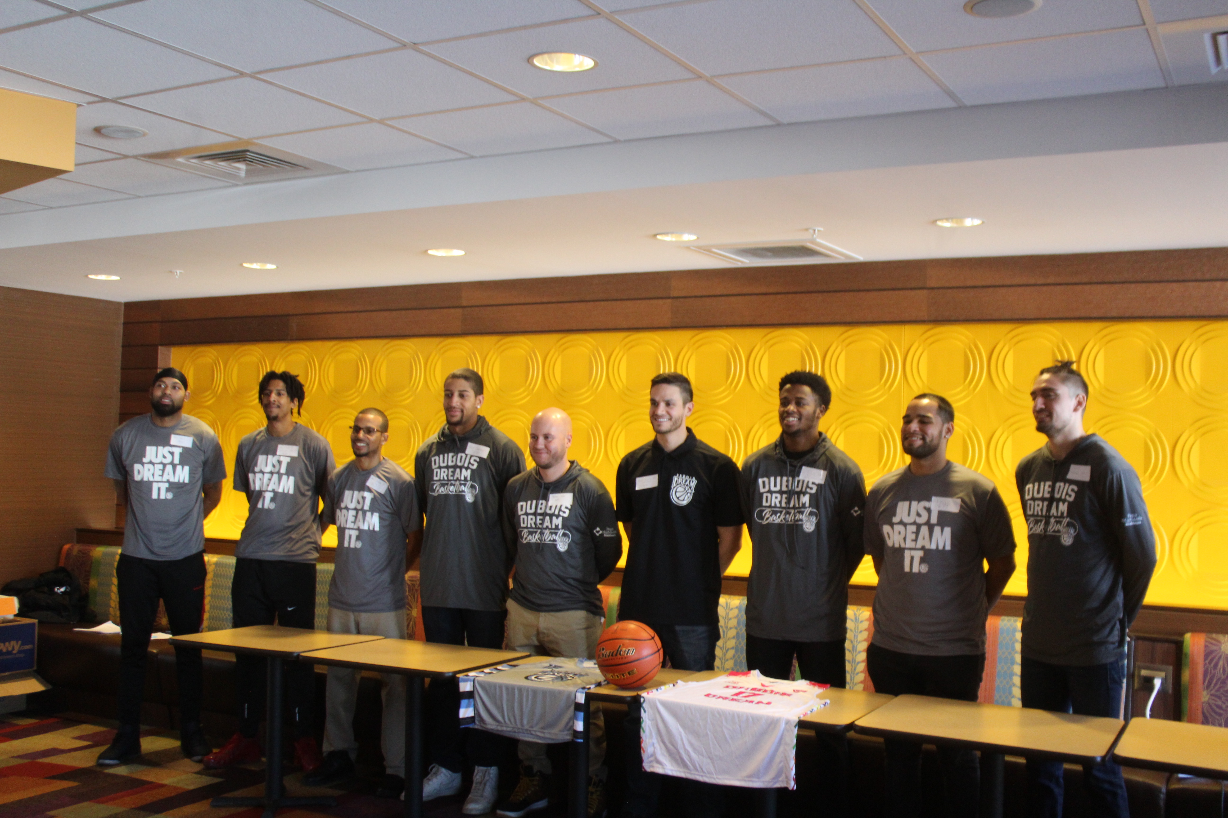 The 2018 Dubois Dream basketball squad.  From Left:  Marvin Harris, DeOndre Terrell, David Blanks Sr, Trey Johnson, Head Coach Matthew Stoey, Owner/Player Albert Varacallo, Louis Conde, Harvin Dixon, Cory Callejas.