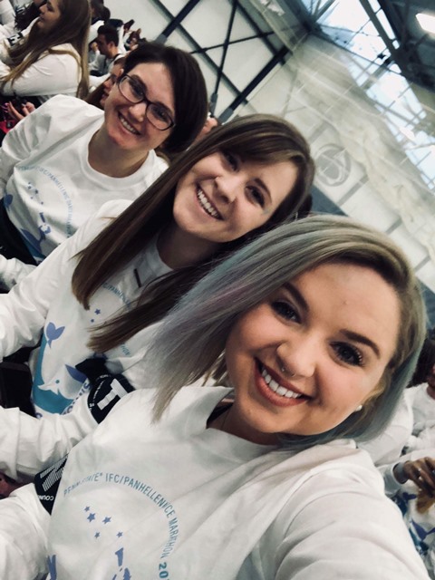 DuBois THON Dancers, left to right, Julia Test, Brynn Morgan and Alaina Shaffer on the floor at THON 2018. (Provided photo)