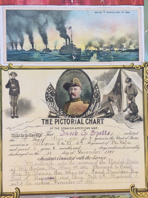 The service record of Spanish-American War veteran Jacob J. Spotts, a Philipsburg native, contains a handwritten account of the terms of his service from May to December 1898, surrounded by colored scenes from the War, such as Admiral Dewey’s fleet in Manila Bay, shown here.  
The poster-size record will be on special display over the summer at the Philipsburg Historical Museum, 206 N. Front St., Room 316 (Moshannon Building), and also at the memorial services at the Union Church on Sunday, May 27, beginning at 2 p.m. 
(Provided photo)