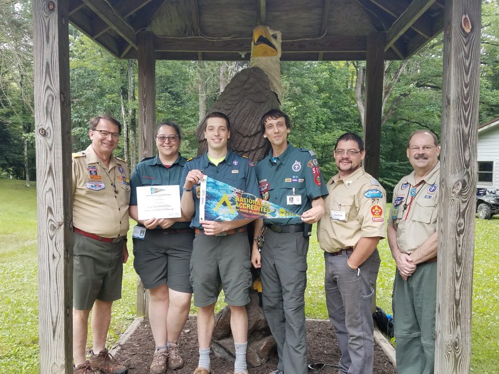 Camp officials received pennants and an accreditation certificate. In the photo
are: Jamie Shearer, Area 4 Director; Sheri Price, Program Director; Billy Cebulskie,
Camp Commissioner; Chuck Lines, Camp Director; John Drum, Camp Ranger; and
Greg Triskett, Assessment Team Leader (from left to right).