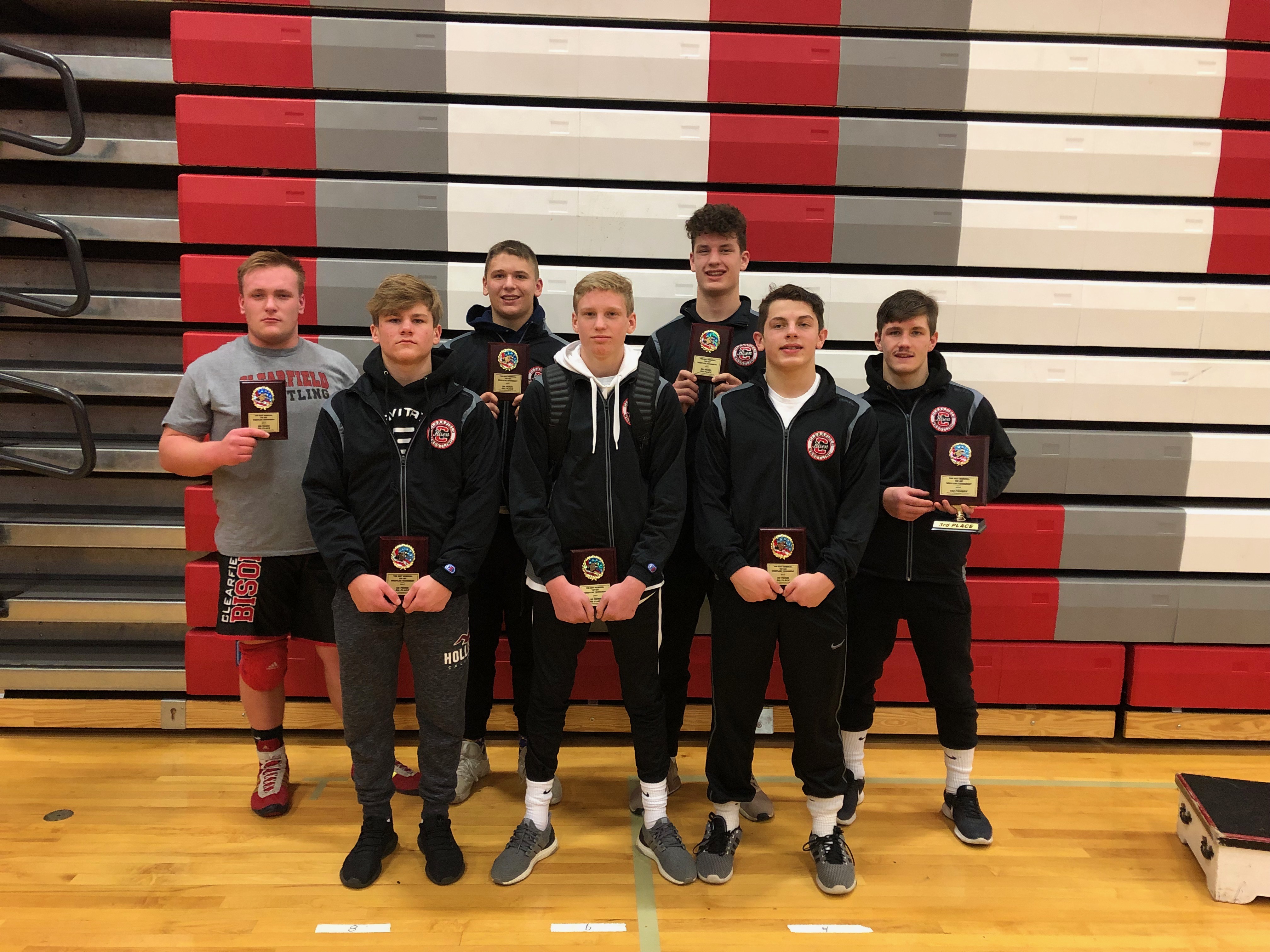 7 Bison Wrestlers Placed in the Top eight at the Top Hat Tournament this weekend. Front row (from left to right): Luke Freeland, Nolan Barr, Mark McGonigal
Back row: Avry Gisewhite, Nick Domico, Oliver Billotte, Caleb Freeland