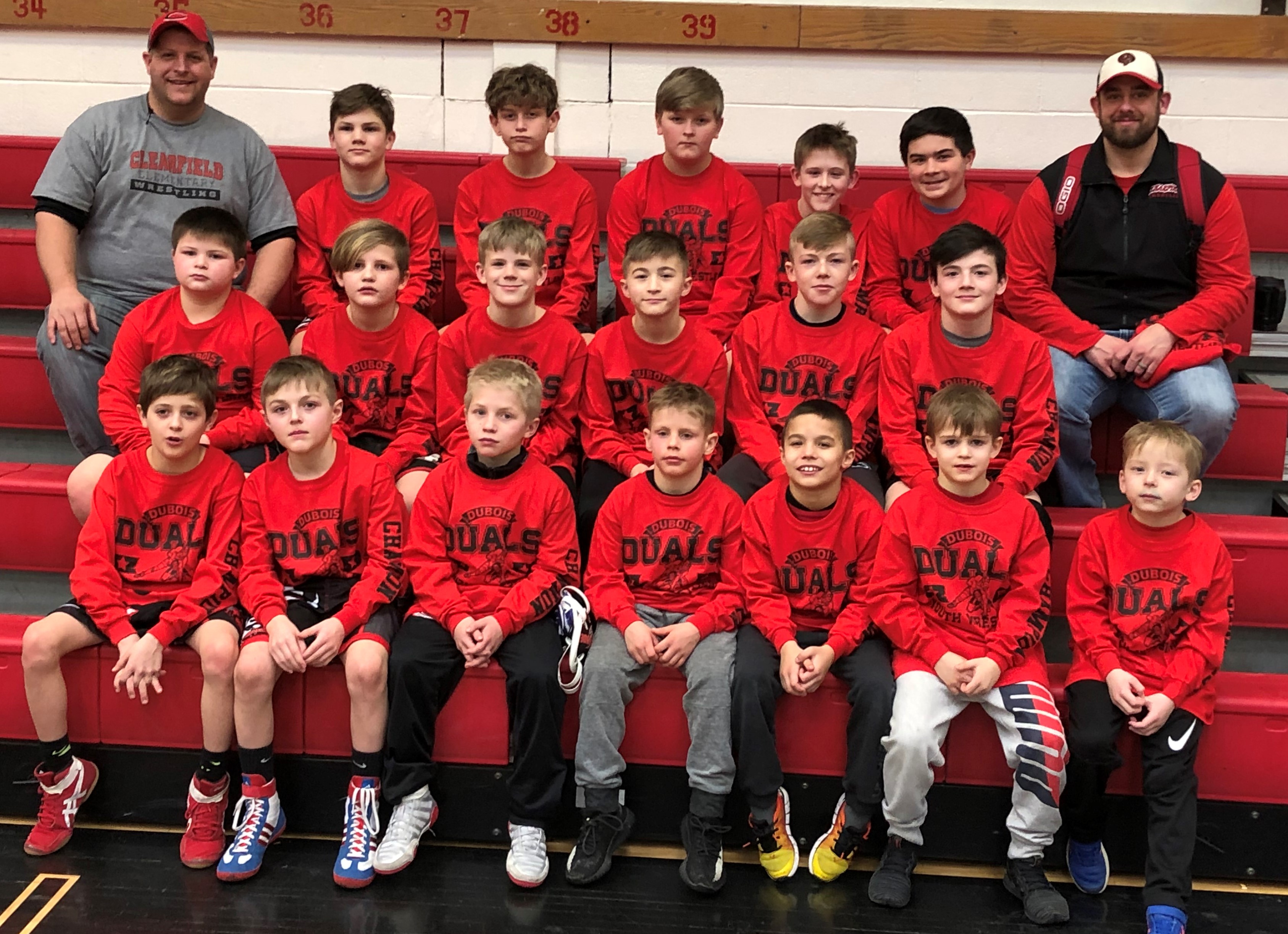 L to R, Front Row: Xavier Lutz Glace, Connor Peacock, Bo Aveni, Matt Rowles, Carter Christ, Brady Dobson, Landon Rowles.  Second Row: Brayden Wills, Colten Bumbarger, Cash Diehl, Colten Ryan, Asher Cunningham, and Brady Collins.  Back Row: Coach Aaron Rowles, Carter Freeland,  Monte Dietrick, Tyler Sinclair, Elliotte Minor, Caleb Close, and Coach Harlen Funk.