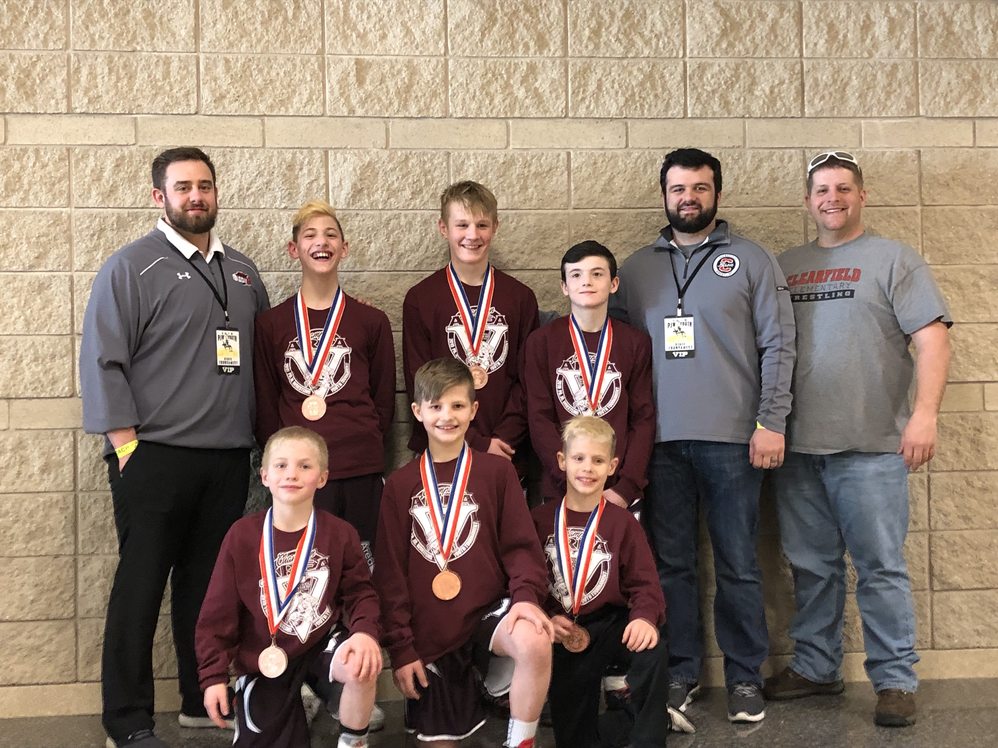 Front left to right Bo Aveni 4th, Colton Bumbarger 8th, Matthew Rowles 6th, back Row Coach Funk, Will Domico 7th, Carter Chamberlain 3rd, Brady Collins 2nd, Coach Danver, and Coach Rowles.