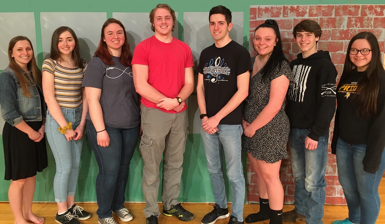 Pictured, from left, are cast members, Crystal Jasper (Mrs. Lovett), Hannah Majofsky (Lucy), Emily McGarvey (Pirelli), Gerry Lowe (Sweeney Todd), Jeremy Magnetti (Anthony), Raylene Simmers (Johanna), Caleb Cossick (Judge Turpin) and Grace Kozak (Tobias).  Not pictured is  Kyle Stiver (Beadle). (Provided photo)