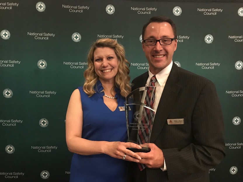 Progressive Agriculture Foundation’s Jana Davidson, education content specialist, and Brian Kuhl, chief executive officer, accept the National Safety Council’s Green Cross Safety Advocate Award at an award celebration held on May 16 in Chicago. (Provided photo)