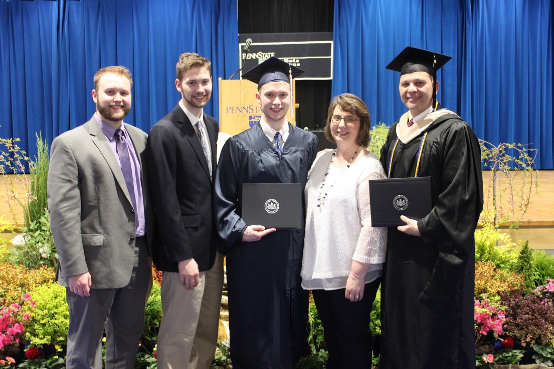 There Serafini family of Brockway has many ties to Penn State DuBois, including a recent father-son graduation. Left to right are Raymond III, Noah and Andrew, with their parents Lori and Ray.  (Provided photo)