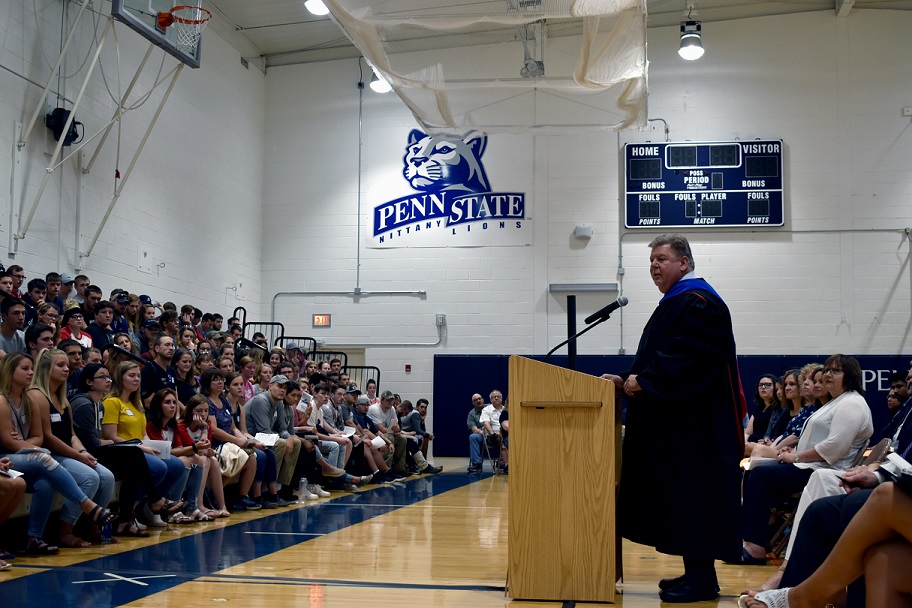 Chancellor M. Scott McBride welcomed new students and their families during Penn State DuBois Convocation Ceremonies on Thursday in the campus gymnasium.  (Provided photo)
