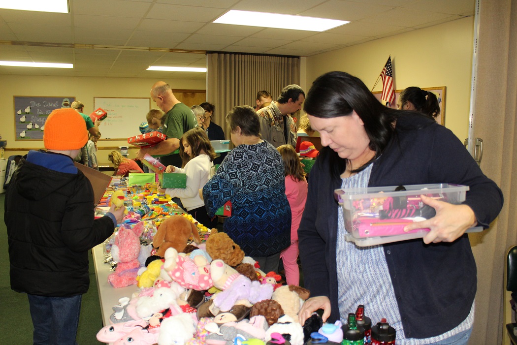 Churches across the nation participate in Samaritan Purse’s Operation Christmas Child program including The Gospel Chapel in Woodland (Pleasant Valley), Pa. The church collected small gifts year-around and members packed 95 shoeboxes Saturday afternoon. (Provided photo)