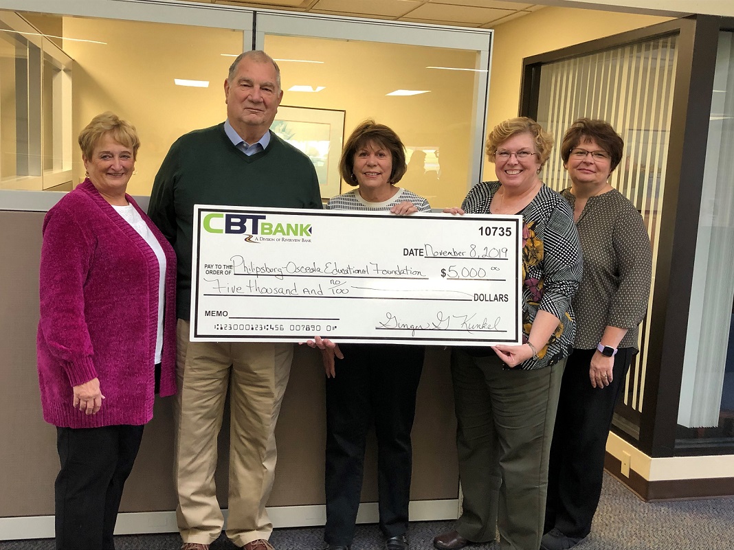 Donna Wasilko, foundation member; Raymond O’Brion Jr., foundation member; Susan McGee, foundation member of the Philipsburg-Osceola Education Foundation; Kathy Collins, assistant vice president/community office manager; and Jackie Vieard, customer service specialist of the Philipsburg office of CBT Bank, a division of Riverview Bank. (Provided photo)