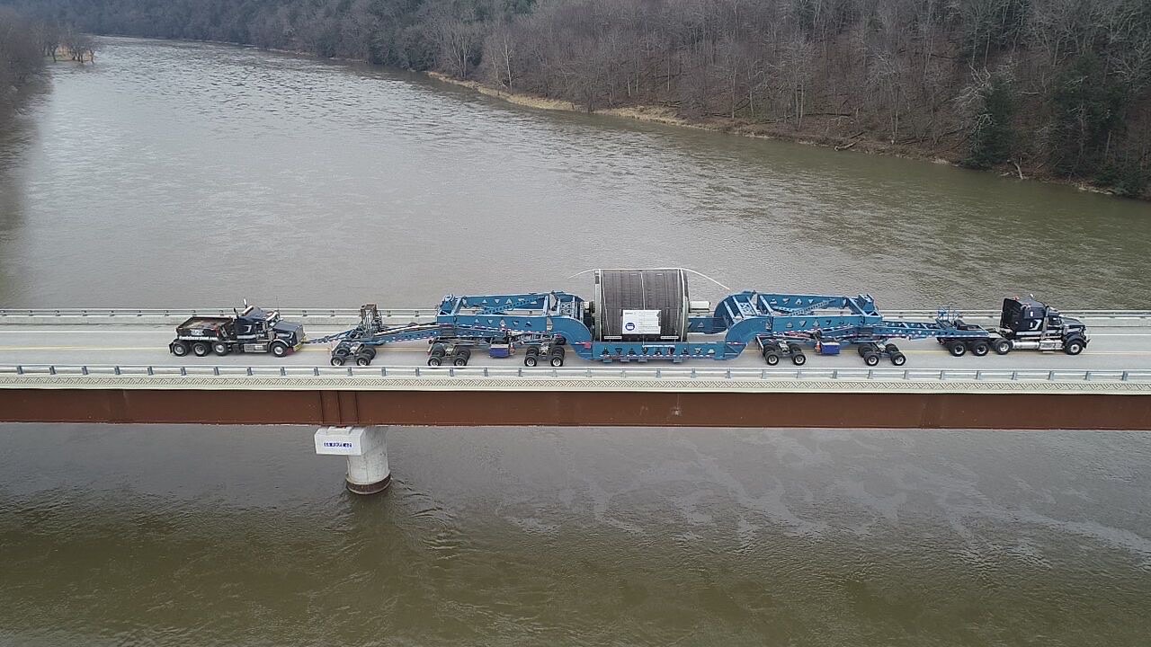 Pictured is the super load crossing the Allegheny River on the Hunter Station Bridge (Route 62) in Forest County. (Photo provided by PennDOT)
