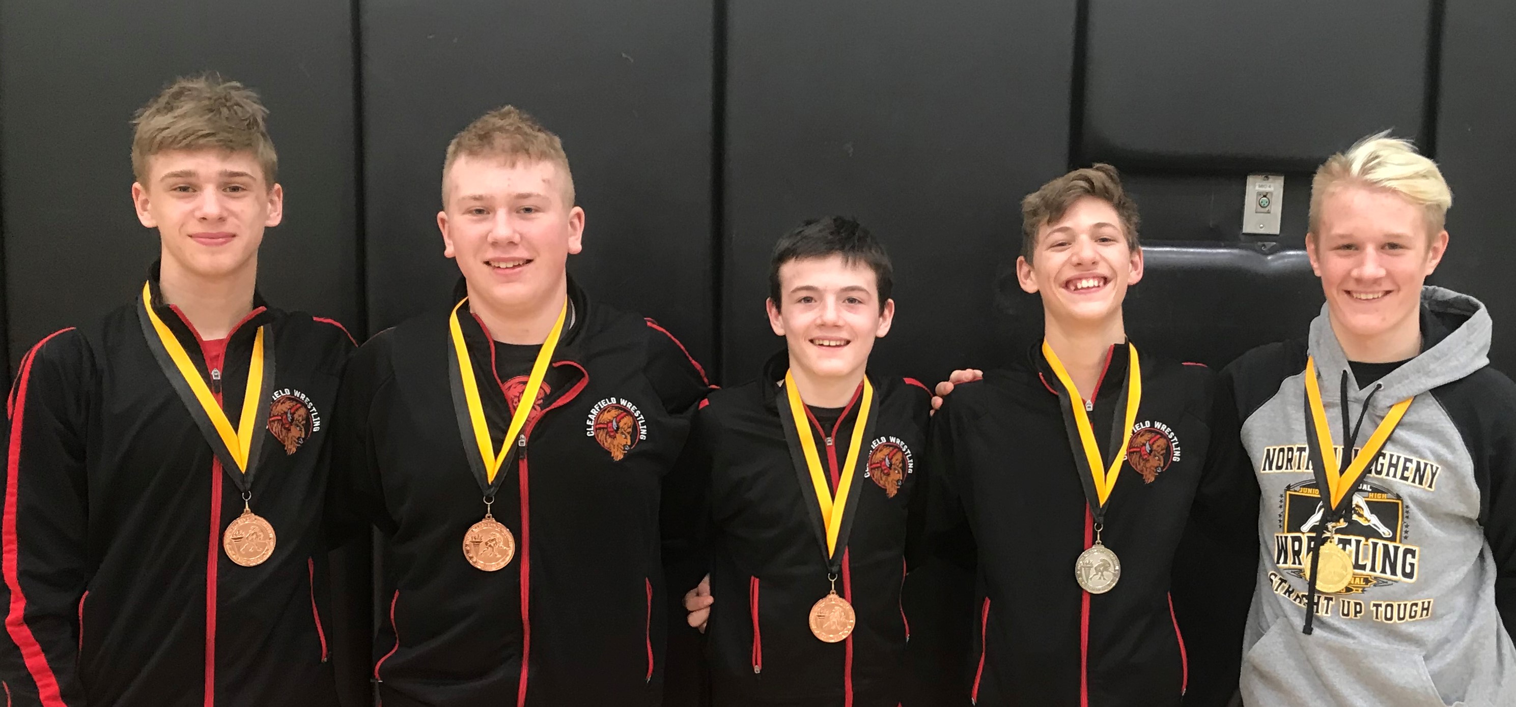 Clearfield had 5 individual place winners. The Bison place winners were L to R in picture, Patrick Knepp (6th/ 138lbs), Eric Meyers (4th /210lbs), Brady Collins (3rd/101 lbs), Will Domico (2nd/130lbs), and Carter Chamberlain (1st place /170 lbs).