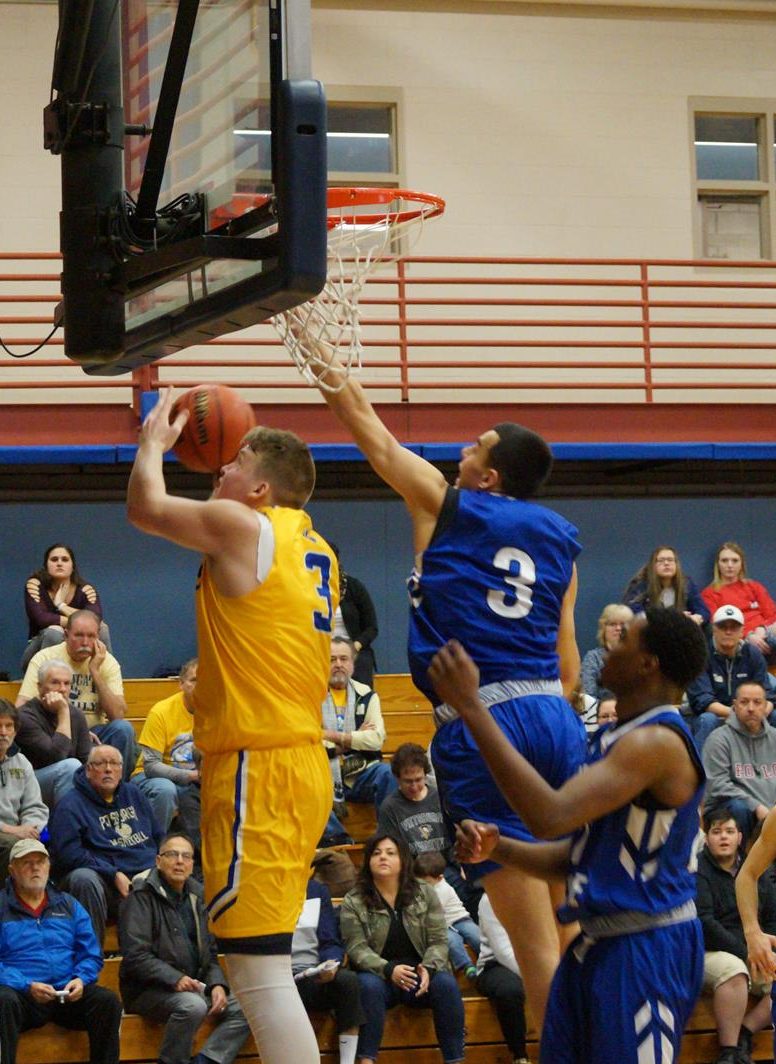 Cody Spaid scoring two of his career high 24 points against Hilbert Photo courtesy Pitt Greensburg