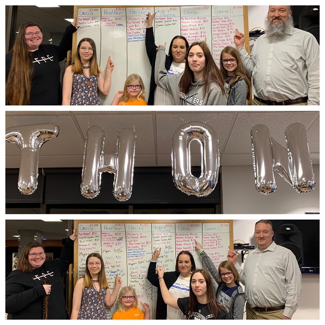 THON 2020 Hair Auction volunteers, before and after. Left to right are Deanna Condron, Heather Witherow, Hailee Brubaker, Heidi Miller, Chyenne Knisely, Emma Roy and Garrett Roen. (Provided photo)