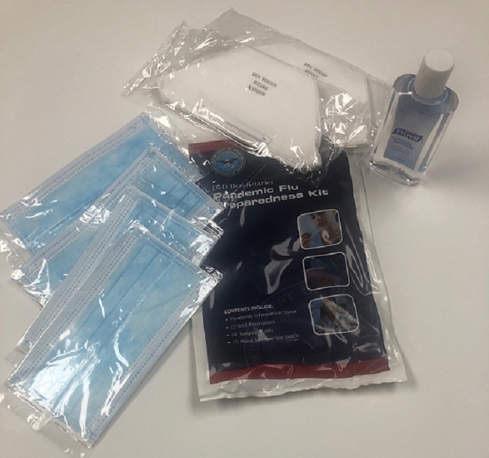 Shown are the items in the 1,100 pandemic flu preparation kits given by an anonymous, out-of-state donor to Penn Highlands Clearfield to help during the COVID-19 pandemic. Each kit contains two N95 masks, four surgical masks and hand sanitizer. (Provided photo)