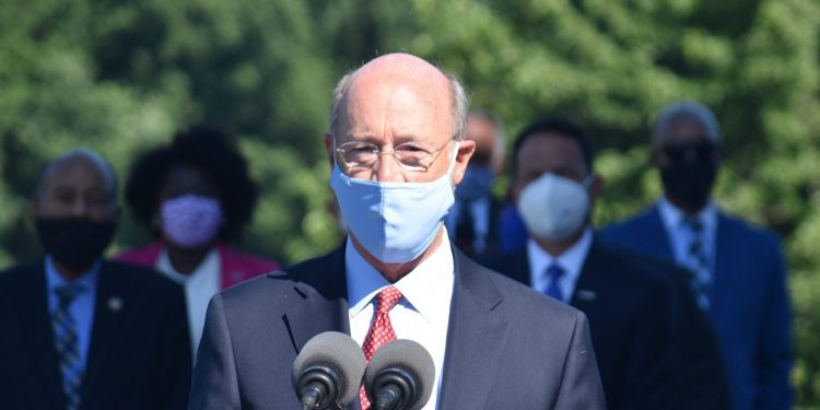 Gov. Tom Wolf speaks during a news conference outside the Pennsylvania Commission on Crime and Delinquency in Harrisburg, Pa., on July 14, 2020.  Ed Mahon / PA Post