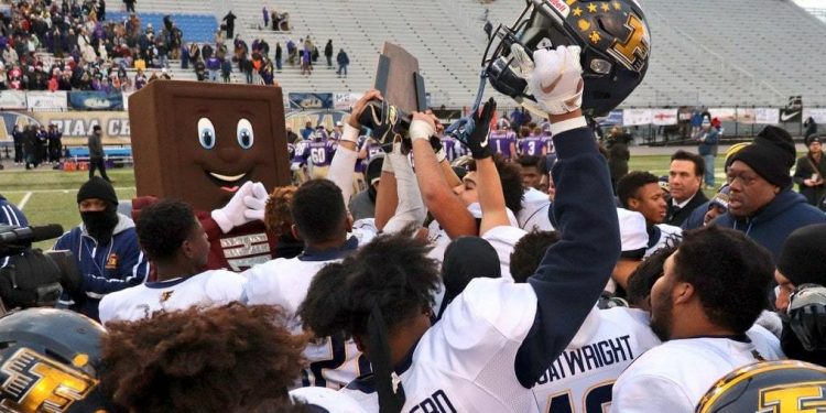 The Farrell Steelers celebrate after winning a second straight PIAA Class 1A title in 2019. Farrell will not defend its Class 1A title this year, as the Steelers are Class 2A. Photo courtesy of PAfootballnews.com