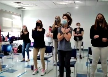Director of the Occupational Therapy Assistant program LuAnn Demi, in front, second from right, with her students, coached area senior citizens on fall prevention exercises via Zoom. (Provided photo)