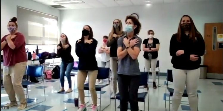 Director of the Occupational Therapy Assistant program LuAnn Demi, in front, second from right, with her students, coached area senior citizens on fall prevention exercises via Zoom. (Provided photo)