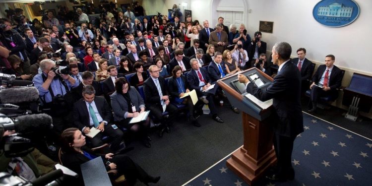 Kristen Lamoreau is shown, at far left, during a press conference at the White House. (Provided photo)