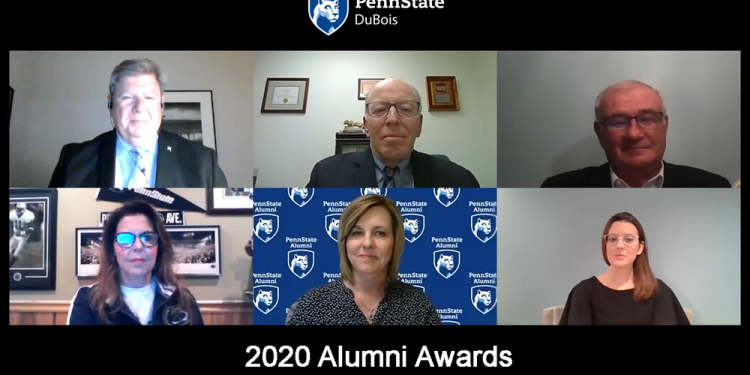 Chancellor M. Scott McBride facilitated a roundtable discussion with Alumni Award recipients via Zoom.  In the upper row, left to right, is Chancellor McBride, Thomas Gasbarre, and Ed Nasuti. In the lower row, left to right, is Francie Erickson Spigelmyer, Alumni Society President Amy Fatula, and Nicole Shaffer.  (Provided photo)