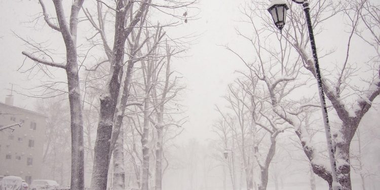 Photo of a man walking a street in winter