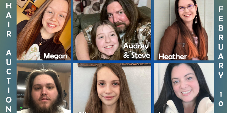 THON Hair Auction donors are, clockwise from top, left, Megan McCain, Steve Harmic and Audrey Harmic, Heather Witherow, Jessica Mondi, Alianna Raffeinner, and Michael Morri.