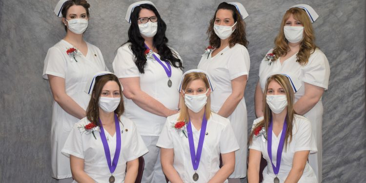 Front row from left: Jessie Kness, Meagan Smith, and Jenna Hudson  Second row: Samantha Goldenberg, Jody Spicher, Deana Rodkey, and Kimberly Drayton.  The nursing program is accredited by the Accreditation Commission for Education in Nursing, Inc. and Pennsylvania Department of Education and approved by the PA State Board of Nursing. (Submitted Photo).