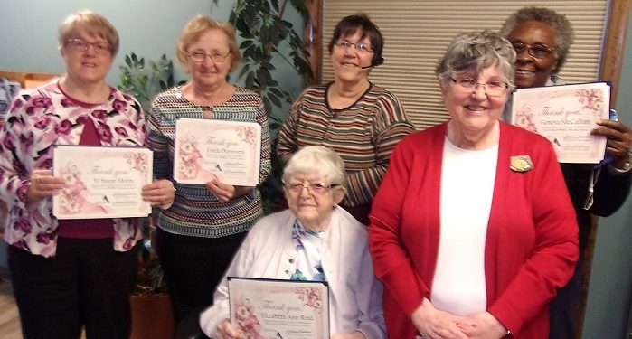 The Clearfield APPRISE Telecenter Program; left to right: M Susan Moore (Clerical Volunteer for 6 years), Linda Dunworth (Certified APPRISE Volunteer for 7 years), Ann Reid (Certified APPRISE Volunteer for 17 years), Bobbie Sopic (CCAAA Staff Certified APPRISE Counselor), Alice Pollock (CCAAA Staff Certified APPRISE Counselor/Coordinator) and Geneva McCallum (Clerical Volunteer for 11 years).