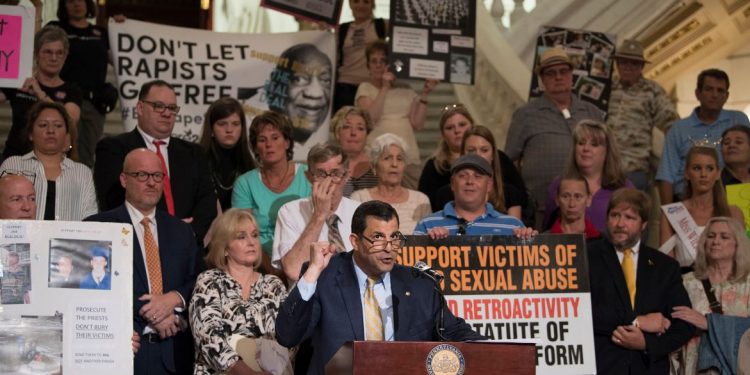 Rep. Mark Rozzi (D., Berks) is seen here at a 2018 rally at the state Capitol advocating for a change in state law to allow lawsuits for child sex abuse.

JOSE F. MORENO / Philadelphia Inquirer Photograp