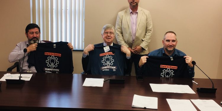 Pictured, in front from left, are: Commissioners Tony Scotto, John A. Sobel, chair, and Dave Glass. In the back is Brad Lashinsky, director of the North Central PA Launchbox at PSU DuBois. (Photo by GANT News Editor Jessica Shirey)