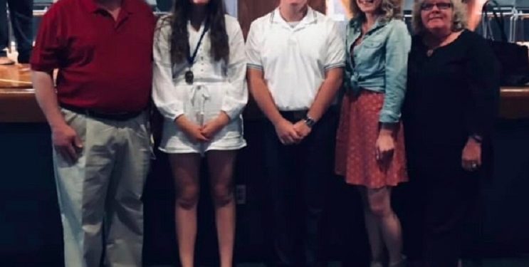 Pictured, from left, are: John Harpster; Abigail Lonjin, 2021 recipient of T-Harp Scholarship; Kyle Reese, 2021 recipient of T-Harp Scholarship; Macy Neideigh (Harpster); and Bobbi Harpster. (Provided photo)