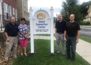 The Clearfield County Charitable Foundation awarded grant funding in 2020 to the Good Samaritan Center in Clearfield for a new sign in front of their Men’s Shelter.   
Pictured are CCCF Executive Director Mark McCracken, Good Samaritan Board Chair Michelle Fannin, Good Samaritan Center Chief Executive Officer Douglas K. Bloom and Good Samaritan Board Member Brent Thomas.  (Provided photo)