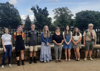 Middle and High School Poetry Contest winners are pictured, from left to right:  Alastor Tornatore, Emily McTavish, Brennan Michael, Lillian Neff, Library Director Lisa Coval, Jaycee Wood, Abigail Simcox and Cole Spencer. (Provided photo)