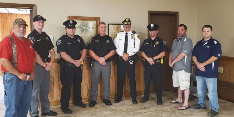 Pictured, from left, are: F.O.E. Vice President Steve Biancuzzo, Deputy Sheriff Porter Kling, Clearfield Borough Police Officer David Hoover, Sheriff Michael Churner, Lawrence Township Police Chief Douglas Clark, Clearfield Borough Assistant Police Chief Nathan Curry, F.O.E. Secretary Justin Hainsey and F.O.E. President Anthony Schultz.