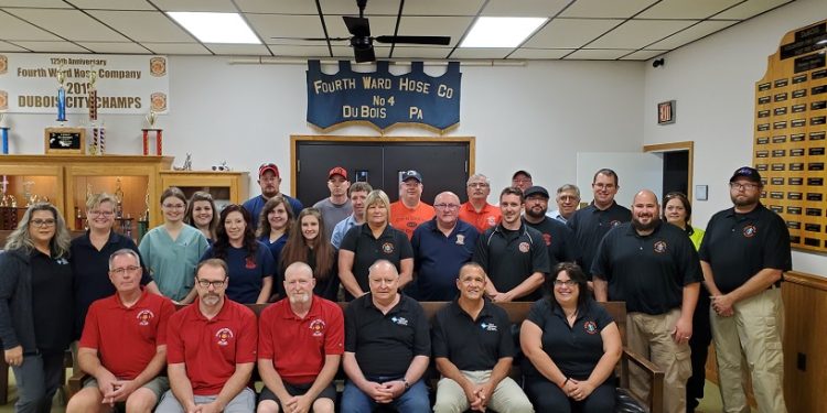 Front Row DVFD Fire Chiefs – Jim Bolam, Mike Federici, Tony Roy, Robert Dice, Dr. Hoff, Penn Highlands DuBois Trauma Services, Dawn Buck, AmServ DuSan

 

Next – Vicki Feldman, Crystal Blakeslee DuBois EMS, Kirsten Blakeslee, Chantelle Blatt, Laura Ruane, Krista Woodford, Justice Kremner, Jessie Schindley, Melanie Weaver, Steve James, Shane Dietz, Robert Swope, Stephan Luchuck, Wilbur Buck, Josh McMinn, Juli Shepherd, Ron Feldman,

 

Back Row – Mike Volosky, Tyler Clark, George Kramer, Bill Boyle, Allen Heck