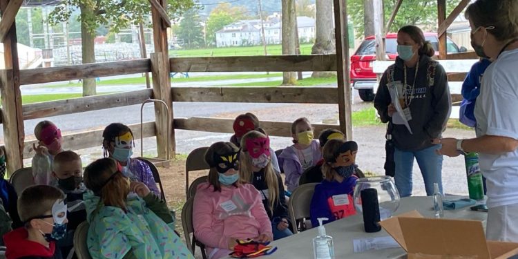 During this station, a group of students from West Branch Elementary school learned ways to keep their personal information safe and protected and become “Identity Theft Superheroes.” This lesson was presented by Carrie Wood of CNB Bank. (Provided photo)