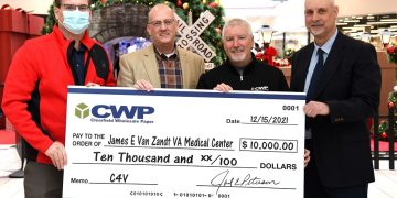 CWP presented a check for $10,000 on Wednesday to the James E. Van Zandt VA Medical Center in Altoona. Pictured from left to right are John Clay, VA Administrator, Joel Peterson - Owner CWP, Tom Marasco - CWP Representative and Keith Dusch of the CWP.