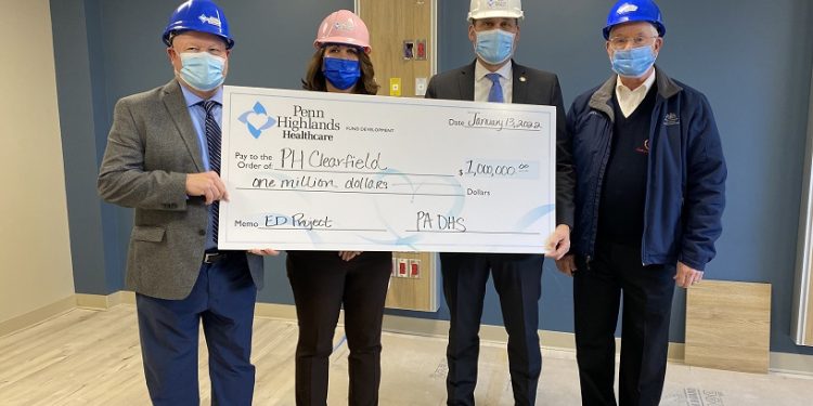 Shown displaying the check from the PA DHS are (left to right) John Sutika, president of Penn Highlands DuBois, Rhonda Halstead, president of Penn Highlands Clearfield, Senator Wayne Langerholc Jr. and William Armstrong, district office manager to State Rep. Thomas R. Sankey III. (Provided photo)