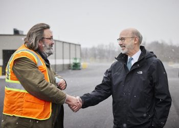 Pennsylvania Gov. Tom Wolf greets UPS employee Tom Wolfe on Thursday, Feb. 24, 2022, while he tours the construction site of the UPS Northeast Regional Hub in Middletown.

Commonwealth Media Services