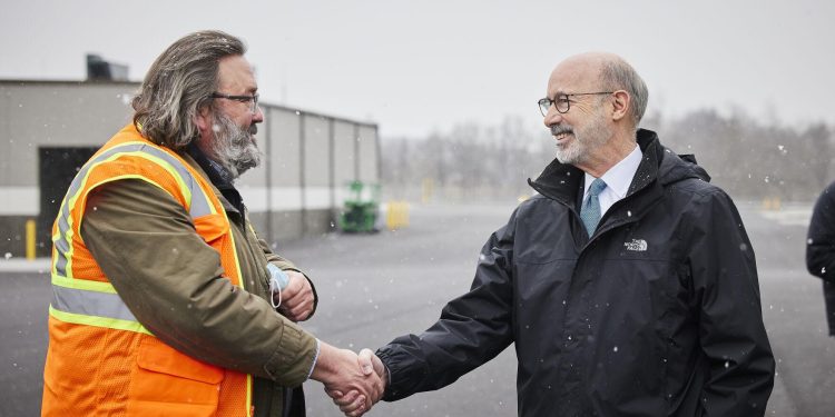 Pennsylvania Gov. Tom Wolf greets UPS employee Tom Wolfe on Thursday, Feb. 24, 2022, while he tours the construction site of the UPS Northeast Regional Hub in Middletown.

Commonwealth Media Services