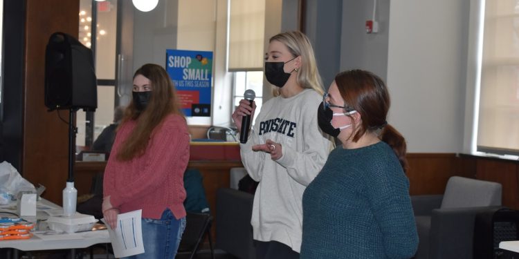 Left to right, students Alena Keen, Nicolette Bossard, and Linsea Paradis represented Penn State DuBois Engineering programs at the ‘Girls Exploring Engineering Day’ event hosted at the NCPA LaunchBox.