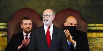 Democratic Gov. Tom Wolf delivers his budget address for the 2022-23 fiscal year to a joint session of the Pennsylvania House and Senate in Harrisburg, Pa., Tuesday, Feb. 8, 2022. Wolf is accompanied by House Speaker Bryan Cutler, R-Lancaster, left, and Lt. Gov. John Fetterman.

AP Photo / Matt Rourke