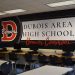 A new vinyl wall cling created at the North Central PA LaunchBox hangs in the Beaver Commons at DuBois Area High School.