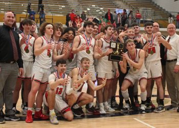 Fours in each hand as the Clearfield Bison take their eighth-consecutive District IX basketball title.