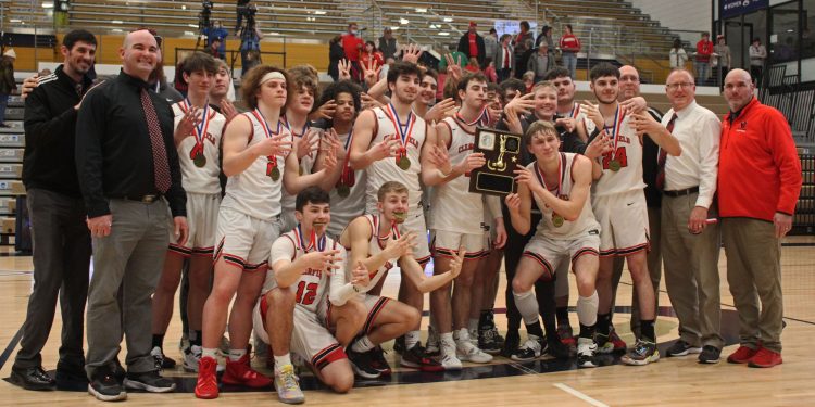 Fours in each hand as the Clearfield Bison take their eighth-consecutive District IX basketball title.